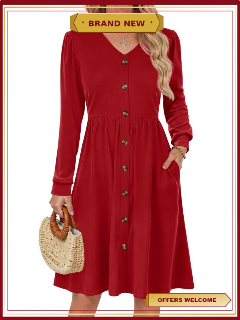 Long Sleeve V Neck Floral Midi Dress with Pockets Casual Fall